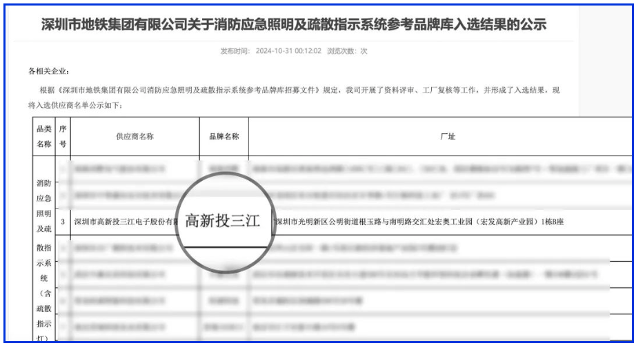 應(yīng)急疏散系統(tǒng)廠家領(lǐng)導(dǎo)品牌！高新投三江入圍深圳市地鐵集團品牌庫
